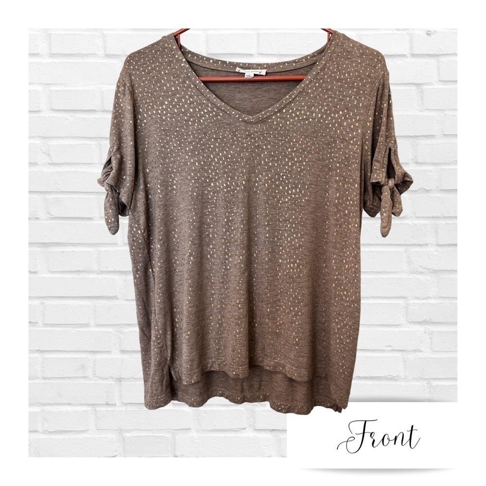 Jane & Delancey Large Metallic Gold Polka Dot V-Neck Shirt Soft Flowy Classic